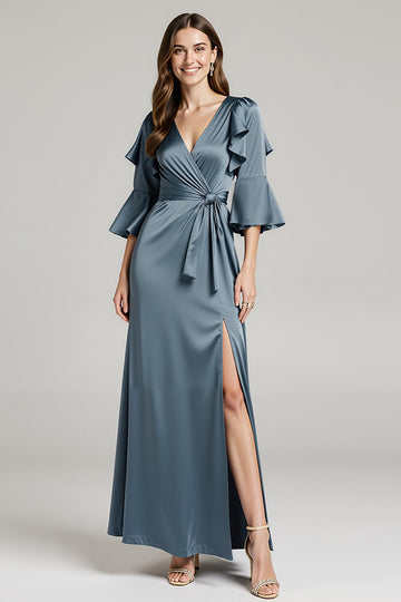 Dark Grey Satin Half Sleeve Ruched Evening Dress